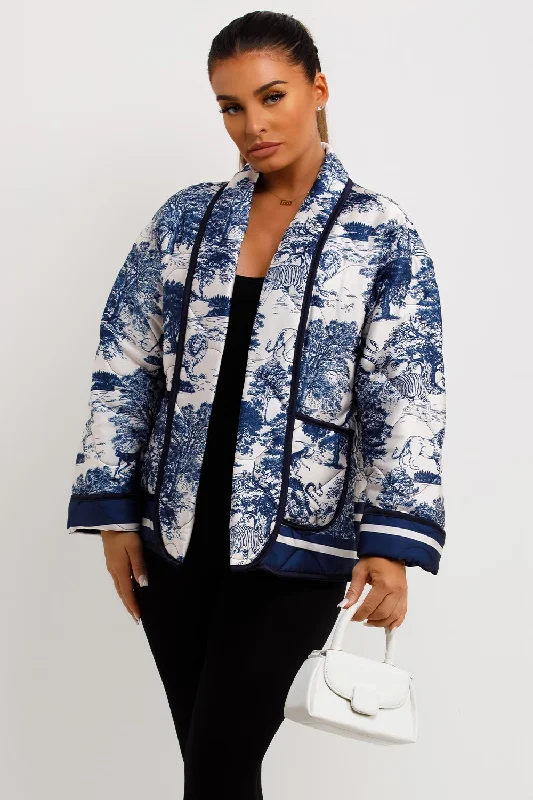 Satin Quilted Blazer Jacket With Jungle Print Blue Nylon Fabric Polyester Fabric Spandex Fabric