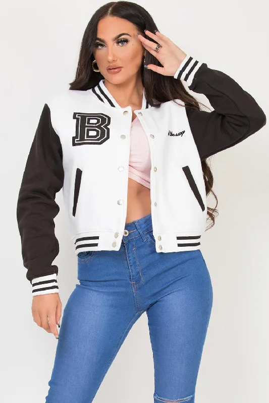 Varsity Bomber Cropped Jacket With B Slogan Black & White Faux Fur Jacket Real Fur Jacket Shearling Jacket