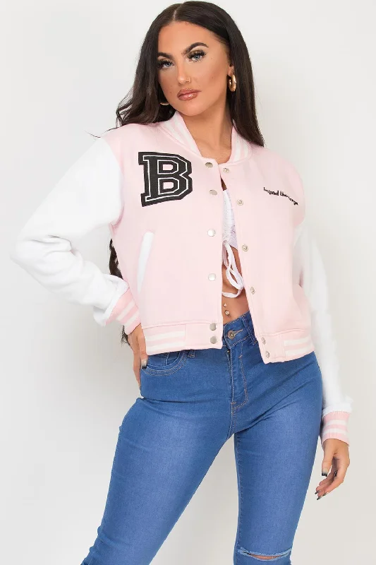 Varsity Bomber Cropped Jacket With B Slogan Cardigan Sweater Pullover