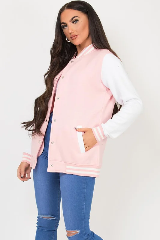 Varsity Contrast Bomber Jacket Pink Cotton Fabric Linen Fabric Terry Fabric