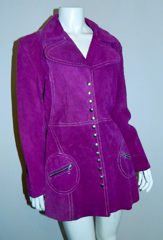 vintage 1960s violet suede car coat MOD contrast stitch jacket XS- Small Collared Jacket Crew Neck Jacket Turtle Neck Jacket