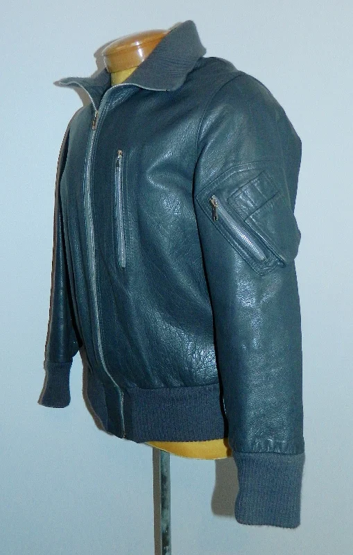 vintage 1970s German Luftwaffe leather jacket gray leather flight jacket pilot EU 50 Boat Neck Shawl Collar Notched Collar