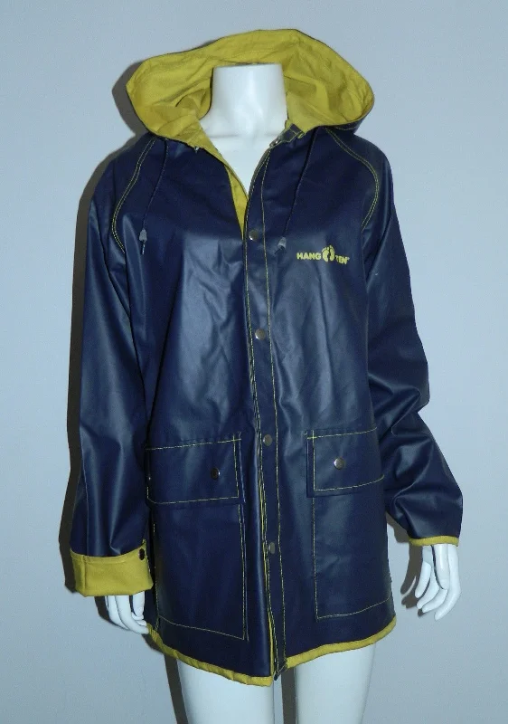 vintage 1980s HANG TEN rain jacket PVC slicker 80s hooded coat Adult S Stand-Up Collar Roll-Neck Collar Turtle Neck