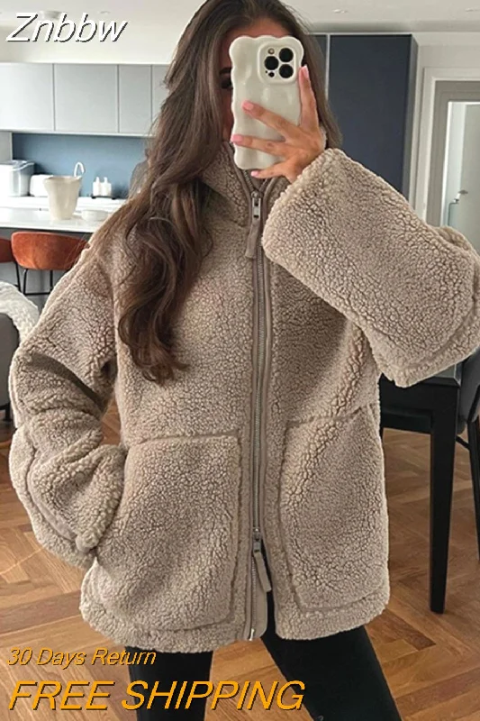 Znbbw Casual Loose Zippered Plush Jacket Women's Fashion Elegant Long Sleeve Overcoat 2023 Autumn/Winter Thick Warm Street Wear Faux Fur Jacket Real Fur Jacket Shearling Jacket