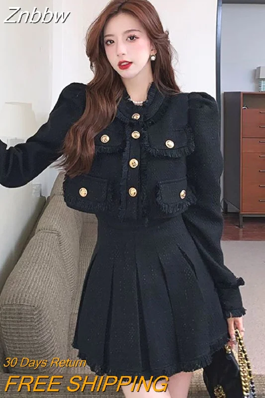 Znbbw Fall Small Fragrance Vintage Two Piece Set Women Top Short Jacket Coat + Mini Skirts Sets Sweet 2 Piece Suits Ribbed Jacket Pleated Jacket Ruffled Jacket