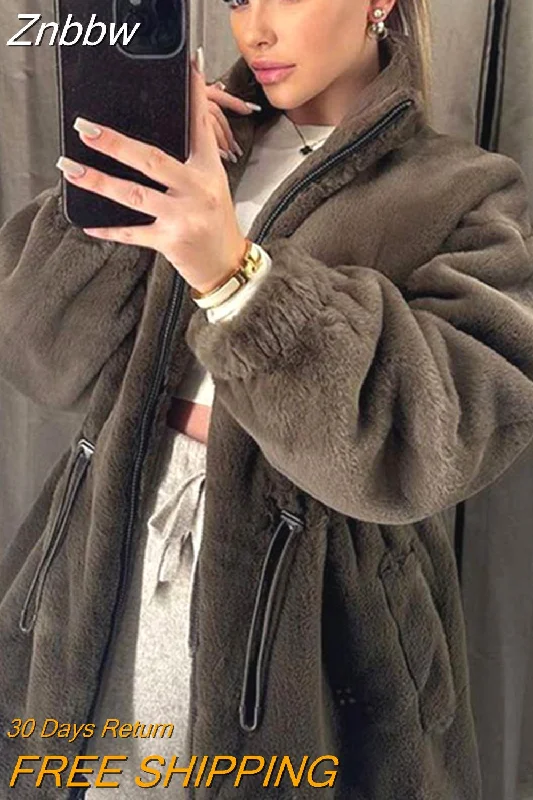 Znbbw Faux Fur Plush Coat Women Solid Stand Collar Zipper Long Sleeve Cardigan Winter Autumn Female Thick Warm Jacket Tailored Jacket Straight Jacket A-Line Jacket