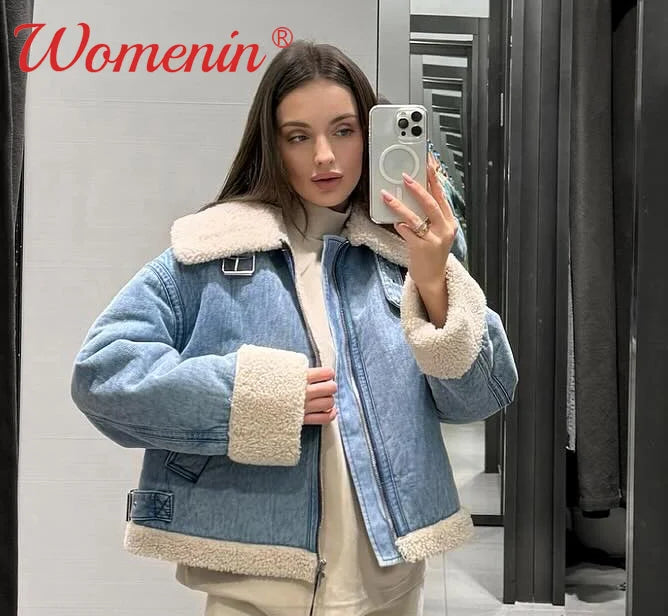 Znbbw Lambs Wool Denim Women Cropped Jacket Casual Thicken Long Sleeve Zipper Coat Autumn 2024 Fashion Vintage Fleece Lady Top Wool Jacket Cashmere Jacket Tweed Jacket