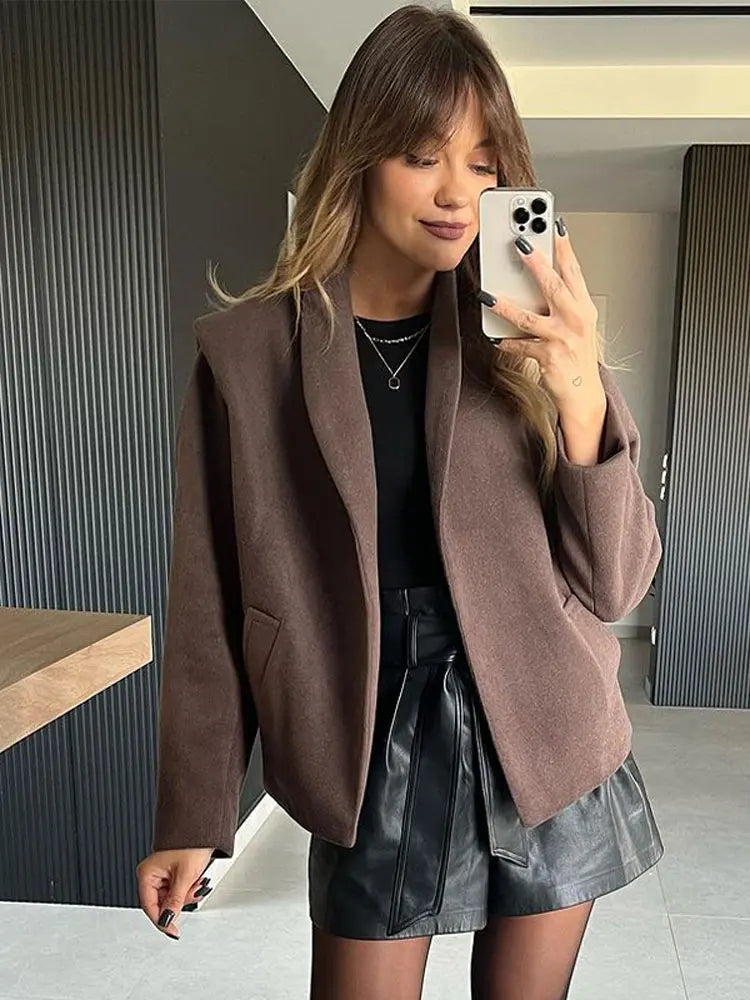 Znbbw Lapel Long Sleeve Cardigan Jacket Women's Casual Cropped Solid Overcoat With Pockets Autumn/Winter Party Club Outwear Zip Front Button Front Snap Front