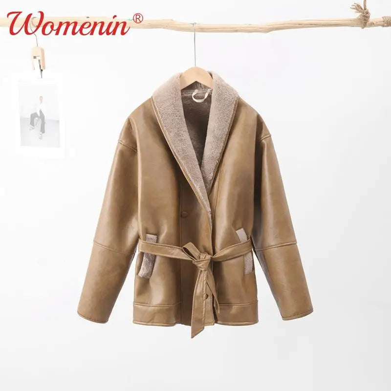 Znbbw Winter Leather Jacket Women 2024 New Female Vintage Lapel Faux Wool Belt Coat Thicken Warm Oversize Highstreet Outwear Top Cotton Jacket Linen Jacket Terry Jacket