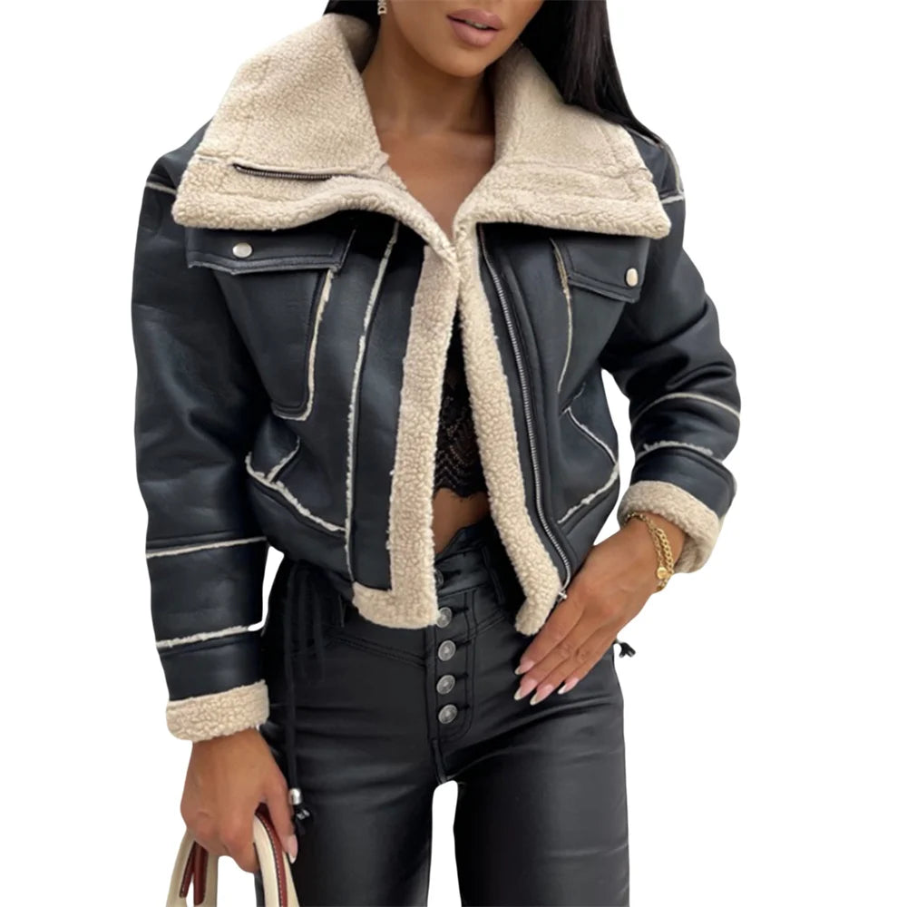 Znbbw Women PU Patchwork Warm Plush Jacket Fashion Winter Long Sleeve Zipper Short Coats Streetwear with Pockets Outwear Faux Fur Jacket Real Fur Jacket Shearling Jacket