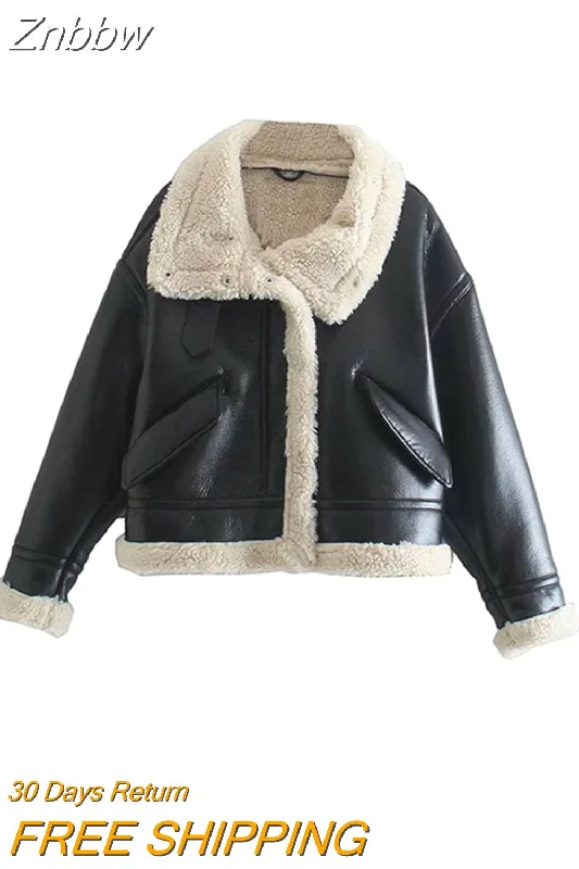 Znbbw Women Streetwear Faux Lamb Leather Fur Lapel Crop Jacket Autumn Female Moto Biker Thick Warm Sheepskin Outwear Coat Faux Fur Jacket Real Fur Jacket Shearling Jacket