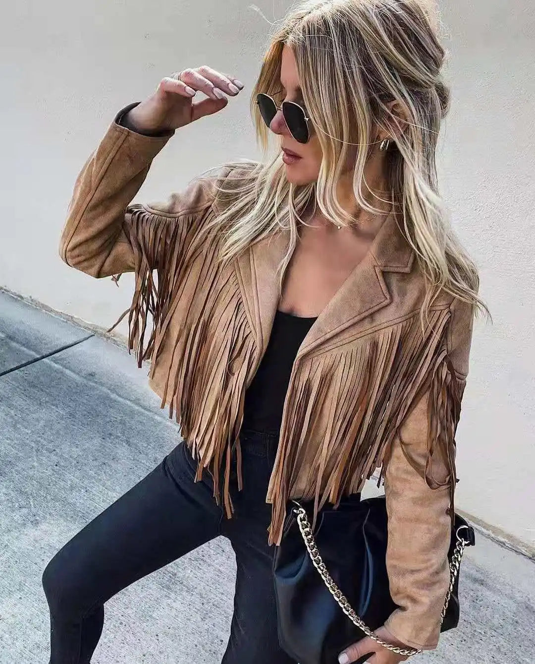 Znbbw Women Y2k Fringed Hem Tassel Cardigan Crop Tops E-girl Motor Biker Jacket Suede Leather Jacket 90s Vintage Streetwear Coat Cool Herringbone Jacket Houndstooth Jacket Plaid Jacket