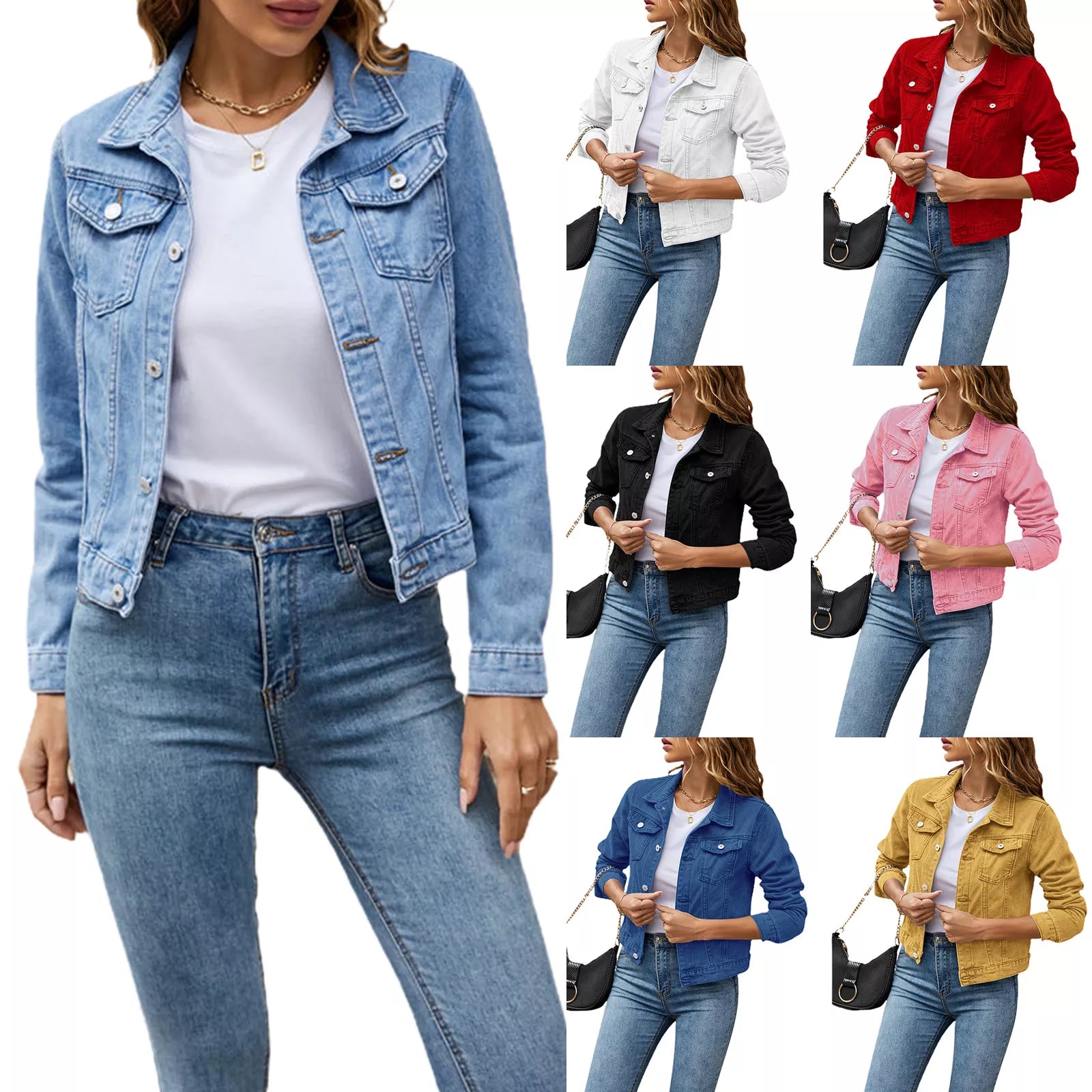 Znbbw Women's Denim Jackets Fashion Female Casual Long Sleeve Lapel Solid Button Down Chest Pocket Slim Jean Jacket Fall Winter Coat Front Pockets Side Pockets Patch Pockets