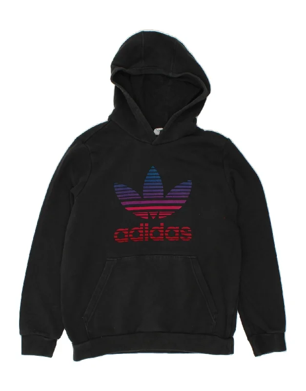 ADIDAS Boys Graphic Hoodie Jumper 13-14 Years Black Cotton Hoodie with Belted Waist Structured Tailored