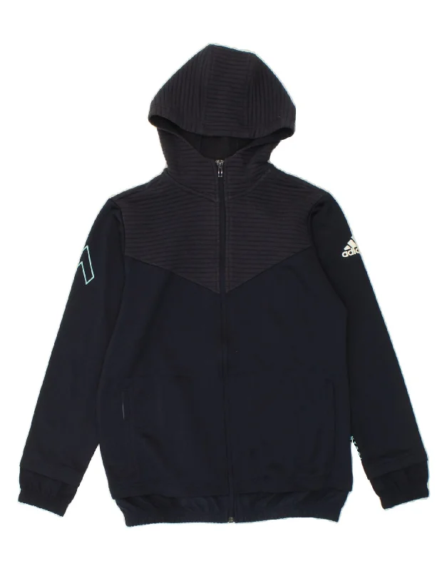 ADIDAS Boys Graphic Zip Hoodie Sweater 13-14 Years Large  Navy Blue Hoodie with Cuffed Sleeves Snug Secure