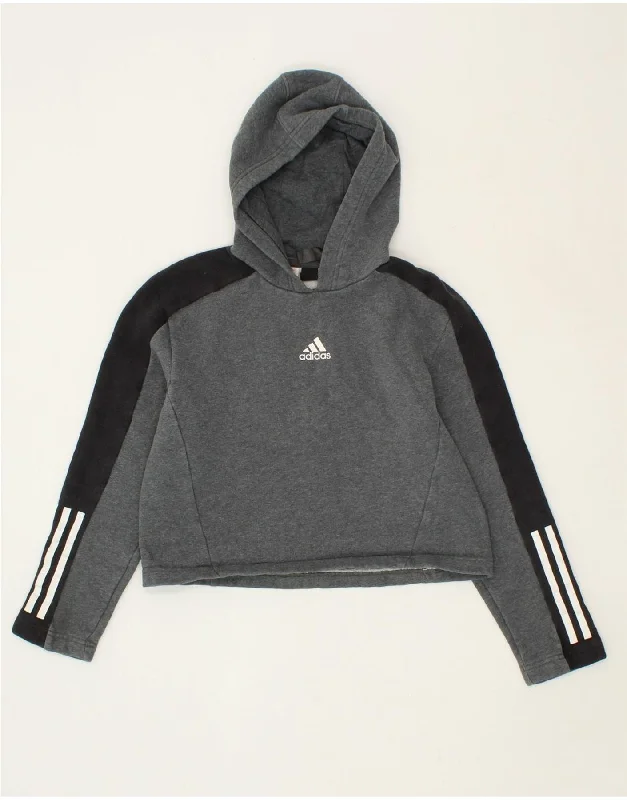 ADIDAS Girls Crop Hoodie Jumper 11-12 Years Grey Colourblock Cotton Hoodie with Frayed Bohemian Relaxed