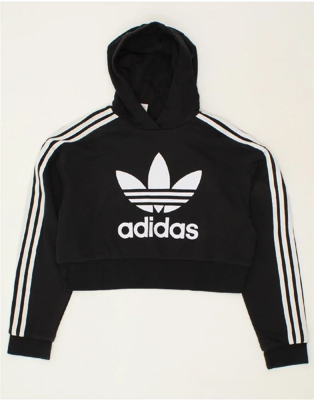 ADIDAS Girls Graphic Crop Hoodie Jumper 11-12 Years Black Cotton Hoodie with Side Slits Relaxed Casual