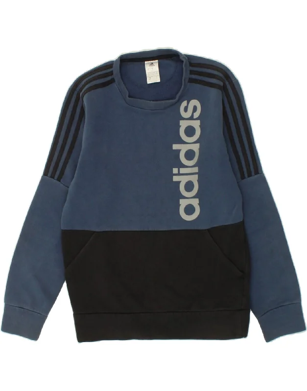 ADIDAS Mens Graphic Sweatshirt Jumper Small Blue Colourblock Cotton Hoodie with Ribbed Neckline Snug Warm