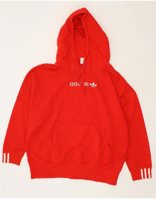 ADIDAS Womens Graphic Hoodie Jumper UK 12 Medium  Red Cotton Hoodie with Hem Raw Edge Edgy Unfinished