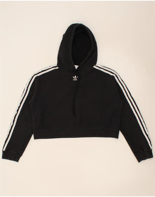 ADIDAS Womens Oversized Crop Hoodie Jumper UK 8 Small Black Cotton Hoodie Jacket Zipper Layering