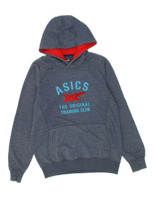 ASICS Mens Graphic Hoodie Jumper Large Blue Cotton Hoodie with Raglan Sleeves Sporty Comfortable