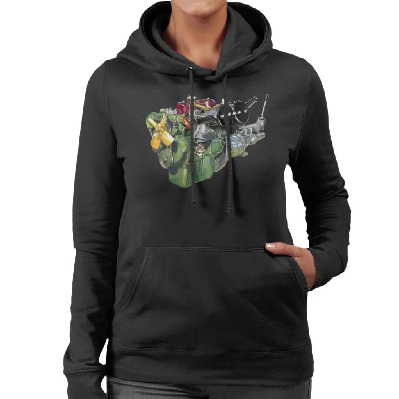 Austin Healey Engine British Motor Heritage Women's Hooded Sweatshirt Hoodie with Button Classic Timeless