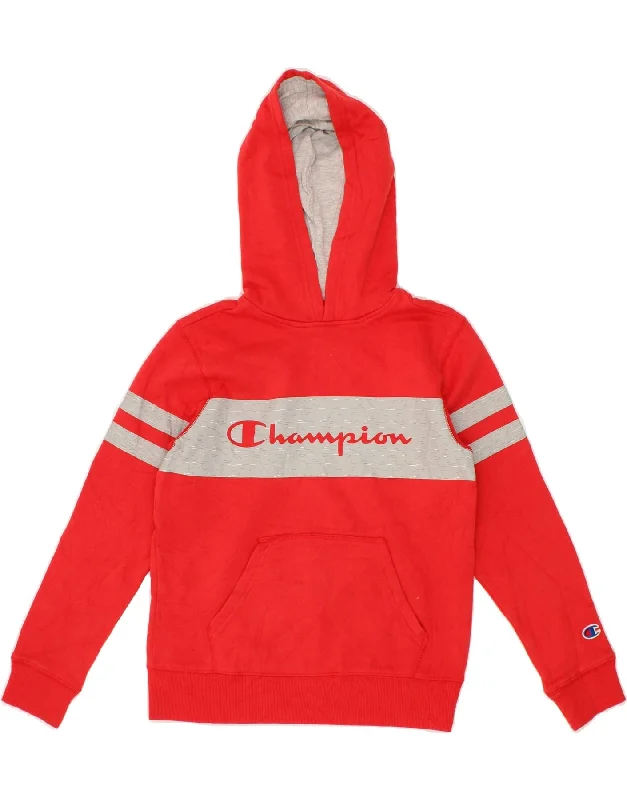 CHAMPION Boys Graphic Hoodie Jumper 10-11 Years Medium Red Colourblock Hoodie with Hood Adjustable Protection