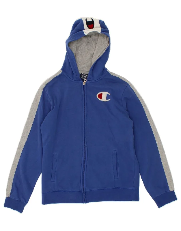 CHAMPION Boys Graphic Zip Hoodie Sweater 13-14 Years XL Blue Colourblock Hoodie with Fur Luxurious Winter