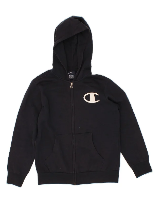 CHAMPION Boys Zip Hoodie Sweater 9-10 Years Medium Navy Blue Hoodie with Drawcord Adjustable Secure