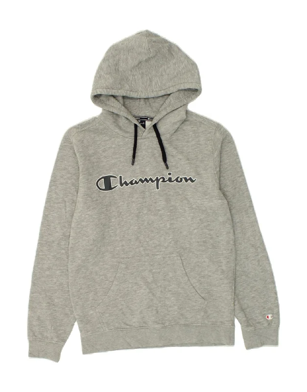 CHAMPION Mens Graphic Hoodie Jumper Small Grey Cotton Hoodie with Hidden Zipper Minimalist Clean