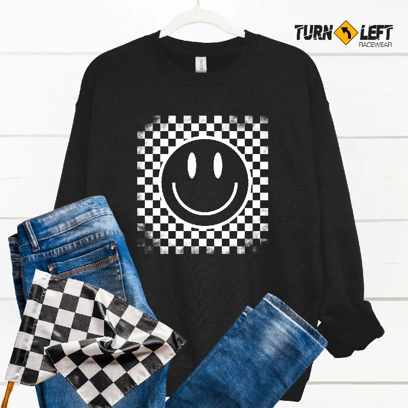 Checkered Flag Happy Face Crewneck Sweatshirt Hoodie with Tie-Dye Psychedelic Retro