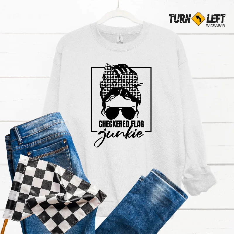 Checkered Flag Junkie Messy Bun Crew Neck Sweatshirt Hoodie Crop Top Short Trendy