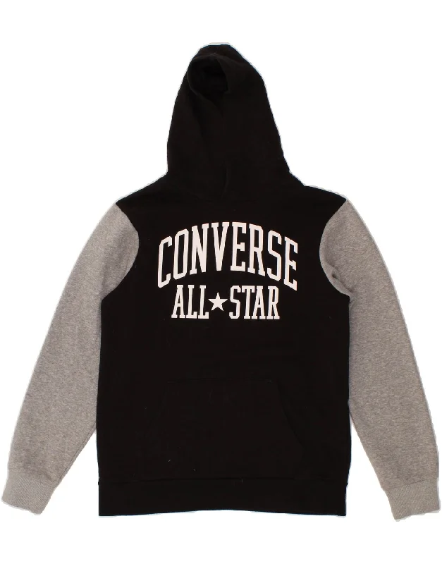 CONVERSE Boys Graphic Hoodie Jumper 13-14 Years XL Black Colourblock Hoodie with Slit Hem Functional Movement