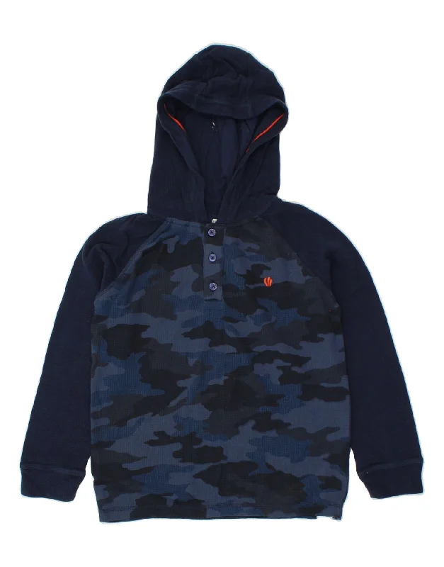 FAT FACE Boys Hoodie Jumper 10-11 Years Navy Blue Camouflage Cotton Hoodie with Zipper Placket Modern Functional