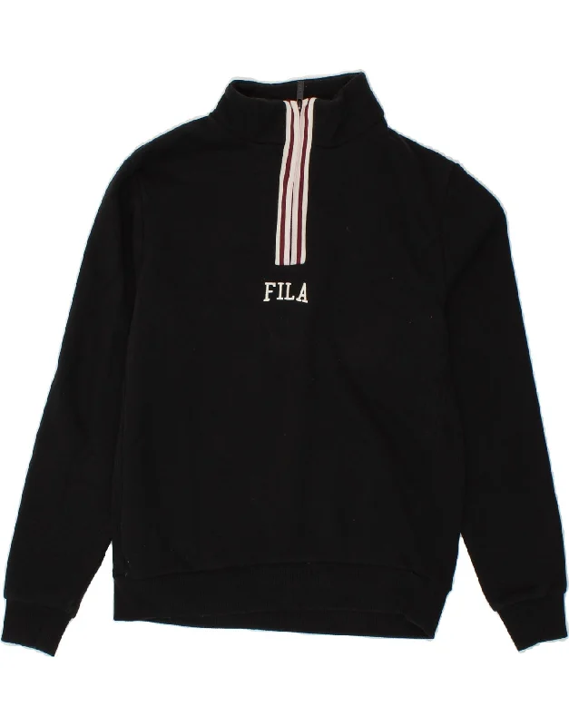 FILA Womens Zip Neck Sweatshirt Jumper UK 2 2XS Black Cotton Hoodie with Elastic Cuffs Stretchable Comfortable