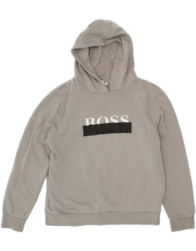 HUGO BOSS Boys Graphic Hoodie Jumper 13-14 Years Small  Grey Cotton Hoodie with Raw Hem Edgy Unfinished