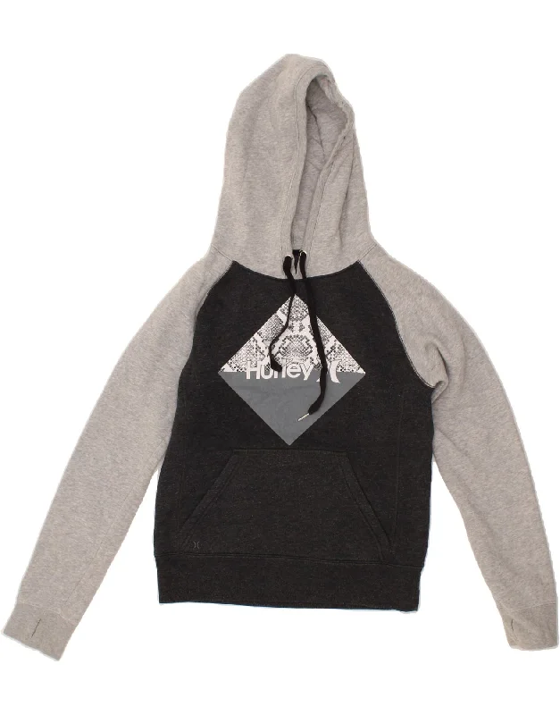 HURLEY Womens Graphic Hoodie Jumper UK 6 XS Black Colourblock Cotton Hoodie with Hem Applique Textured Unique