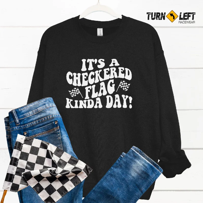 It's A Checkered Flag Kind Of Day Crewneck Sweatshirt Hoodie with Drop Shoulder Relaxed Streetwear