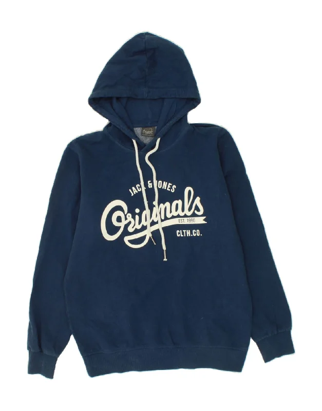 JACK & JONES Mens Graphic Hoodie Jumper Large Navy Blue Cotton Hoodie with Puffed Sleeves Voluminous Trendy