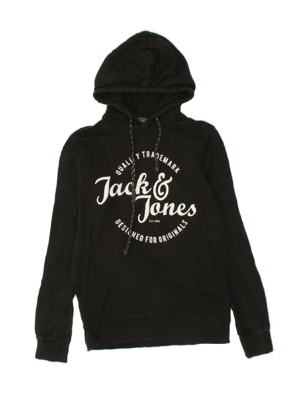 JACK & JONES Mens Graphic Hoodie Jumper Small Black Hoodie with Button Placket Classic Preppy