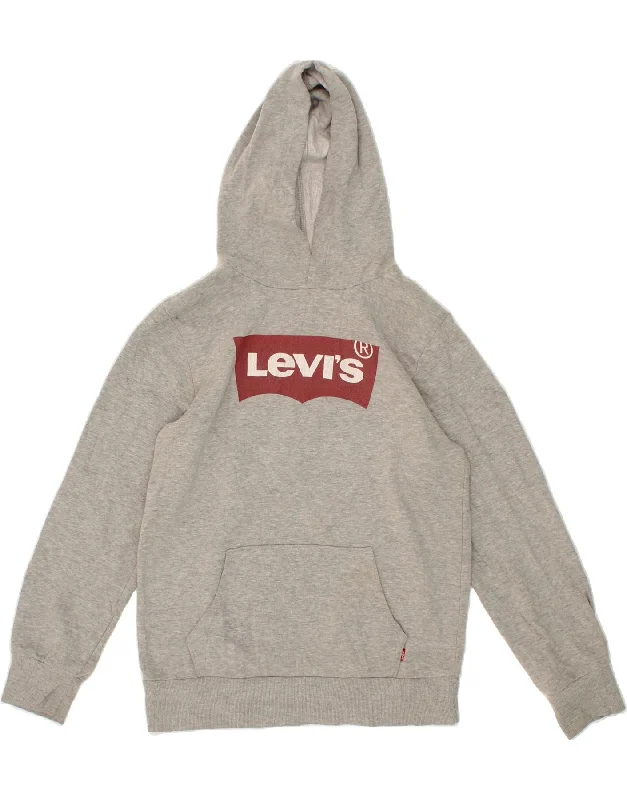 LEVI'S Boys Graphic Hoodie Jumper 12-13 Years Large Grey Cotton Hoodie with Patch Decorative Personalized