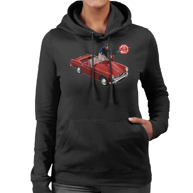 MG Red Getting In Car British Motor Heritage Women's Hooded Sweatshirt Cotton Hoodie Fleece Lining Warmth