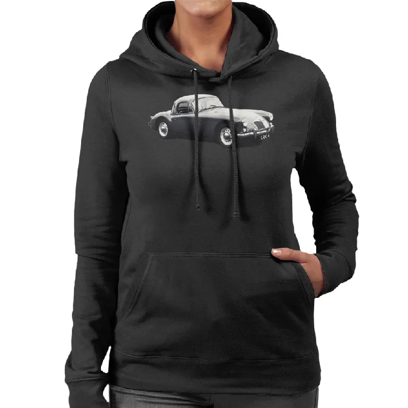 MG Side View British Motor Heritage Women's Hooded Sweatshirt Hoodie with Mock Neck Collared Structured