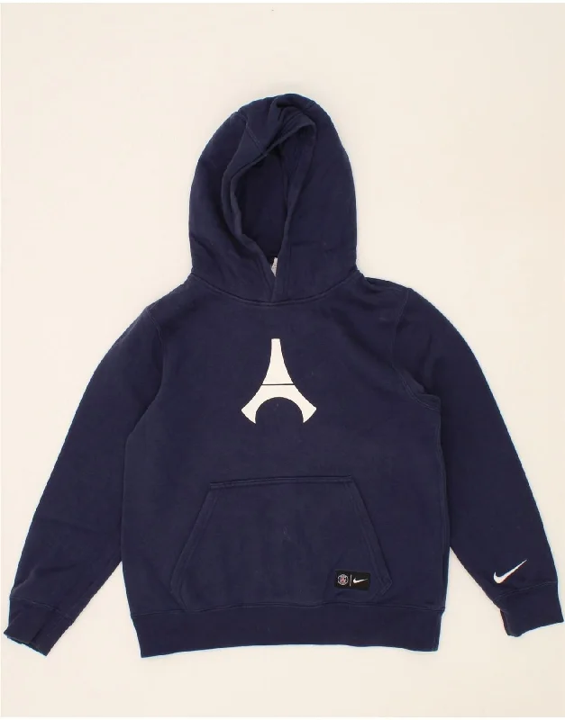 NIKE Boys Graphic Hoodie Jumper 10-11 Years Medium Navy Blue Cotton Hoodie with Frayed Bohemian Relaxed