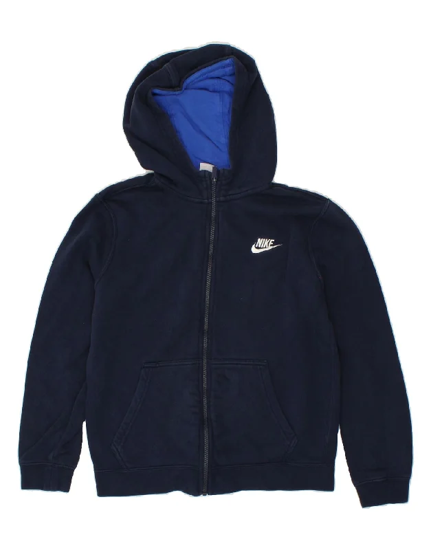 NIKE Boys Zip Hoodie Sweater 12-13 Years Large Navy Blue Cotton Hoodie with Front Slit Layering Stylish