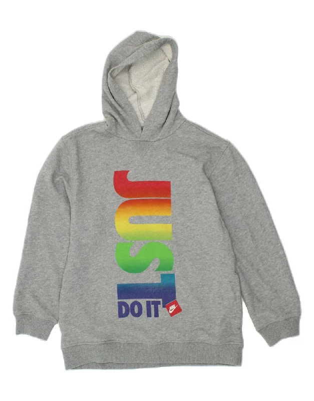 NIKE Girls Graphic Hoodie Jumper 12-13 Years Large  Grey Cotton Hoodie with Half-Zip Sporty Casual