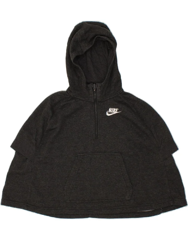 NIKE Girls Short Sleeve 1/4 Zip Hoodie Jumper 8-9 Years Small Grey Cotton Hoodie with Strings Custom Fit Adjustable