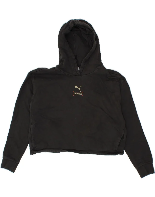 PUMA Womens Crop Hoodie Jumper UK 14 Medium Black Cotton Zip Hoodie Drawstring Kangaroo Pocket