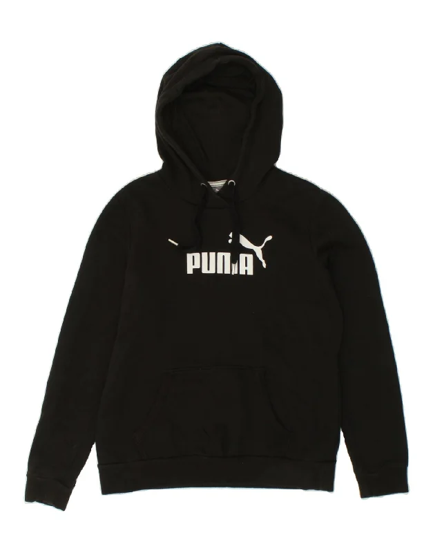 PUMA Womens Graphic Hoodie Jumper UK 12 Medium Black Cotton Hoodie with Front Slit Layering Stylish