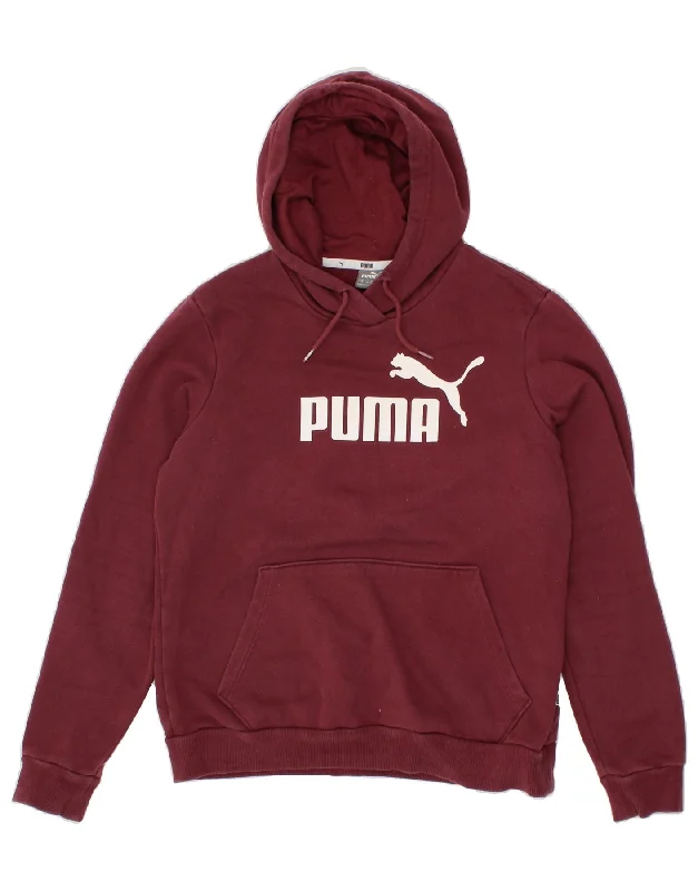 PUMA Womens Hoodie Jumper UK 14 Large  Maroon Cotton Hoodie with Puffed Sleeves Voluminous Trendy